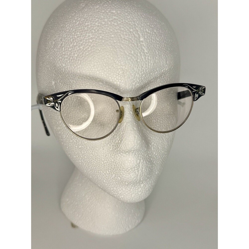 SRO Vintage Eyeglasses Cat Eye Black N Silver Etching Aluminum Frame 12k GF